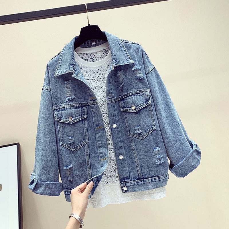 Áo Khoác Denim Dáng Rộng Ngắn Thêu Họa Tiết Thời Trang Hàn Quốc Mới