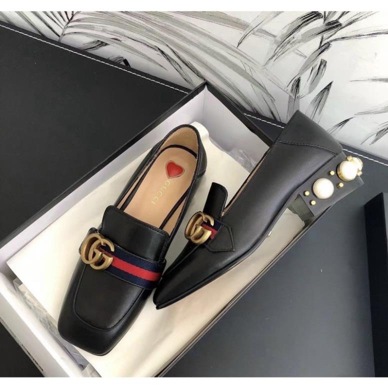 Giầy Lười Gucci Gót Ngọc Trắng Đen
