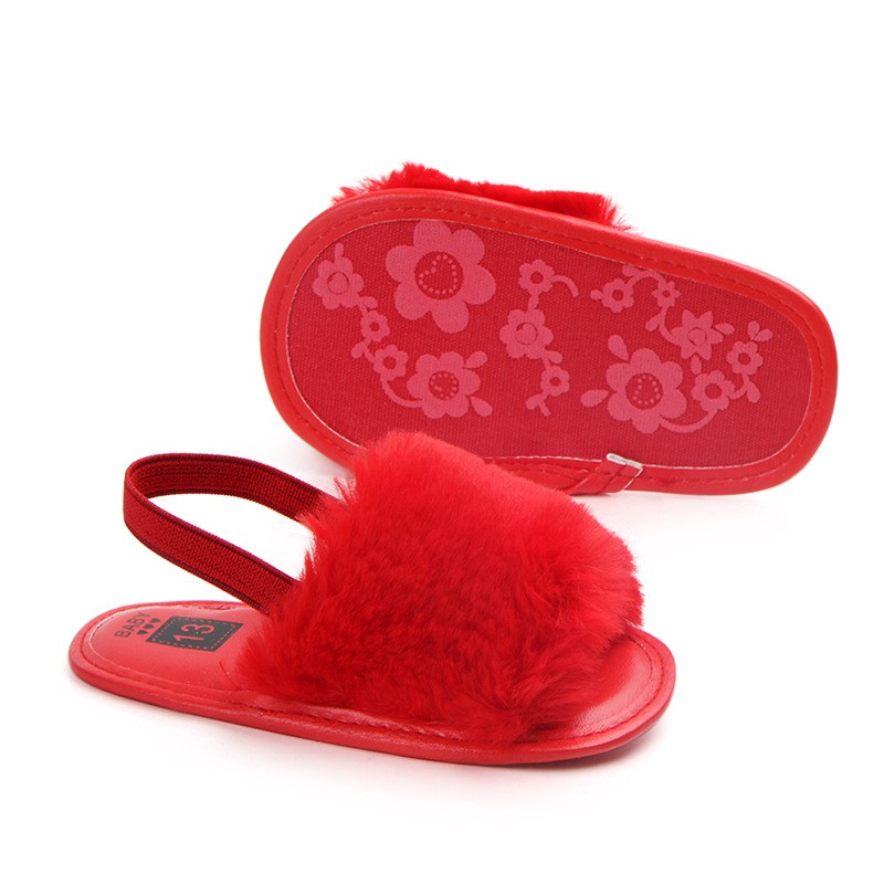 Giày Sandal Phối Lông Đế Mềm Chống Trượt Cho Bé Gái Tập Đi