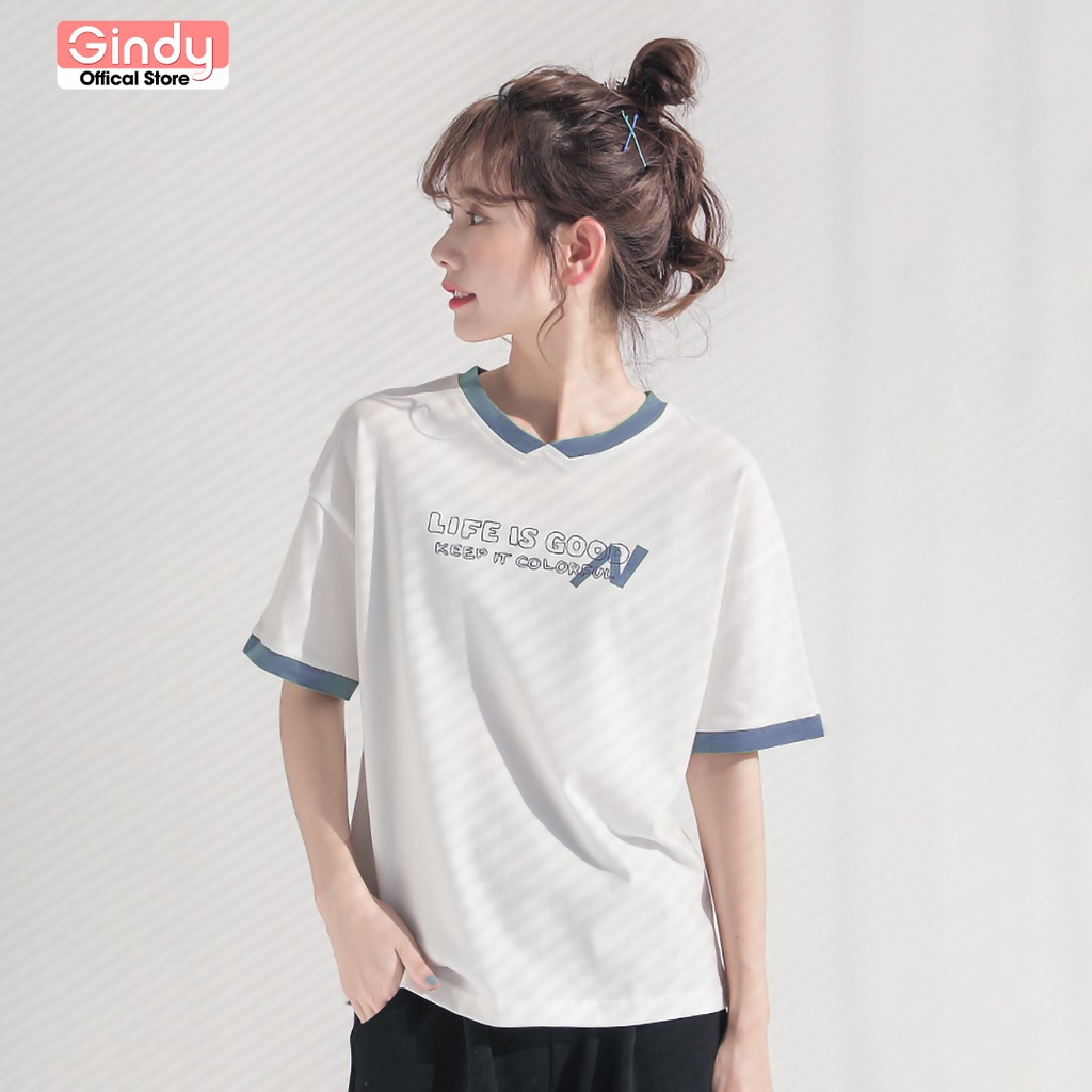 Áo thun nữ form rộng tay lỡ cổ tròn GINDY Life phông dáng basic unisex chất liệu cotton co giãn thoáng mát A010