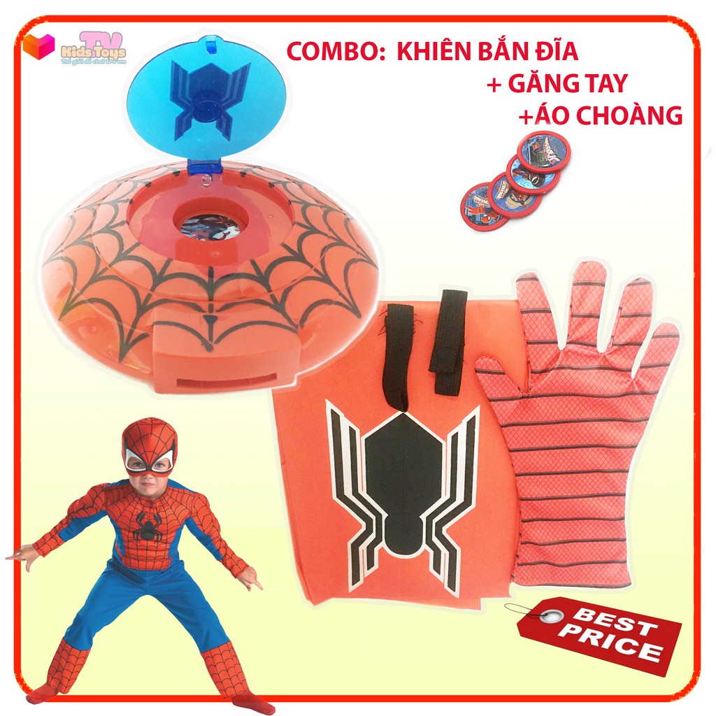 Đồ chơi siêu nhân người nhện, Spider-man, combo găng tay, áo choàng và khiên bắn đĩa có nhạc đèn KidsToys TV