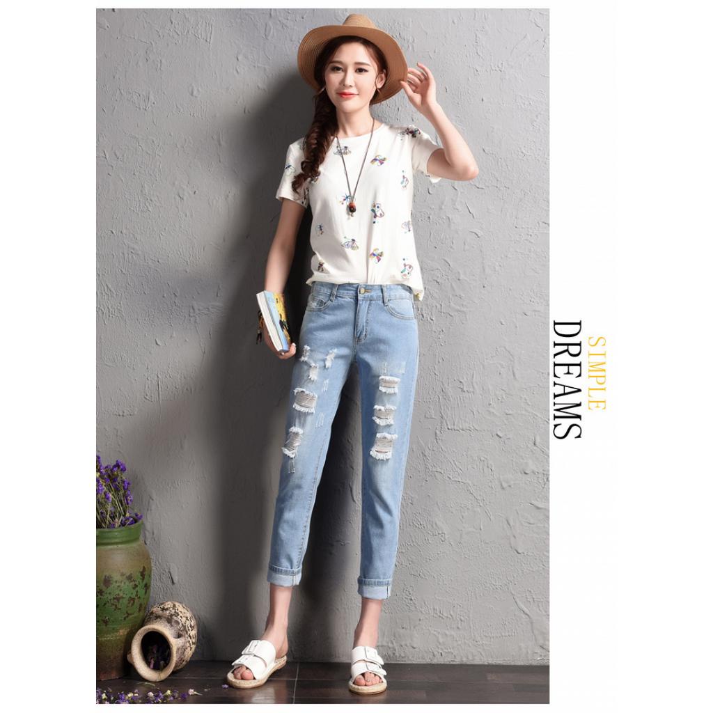 Quần Denim Nữ Kiểu Dáng Hàn Quốc, Quần Jean 9 Tất Cạp Chun Co Giãn