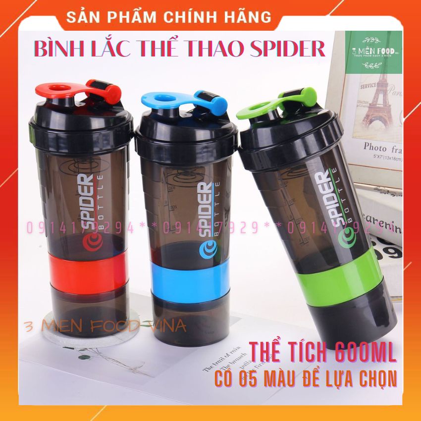 Bình Nước Thể Thao Tập Gym Bình Lắc Whey Spider Đựng Protein có 3 Ngăn Tiện Dụng 600 ML-3 miền food vina