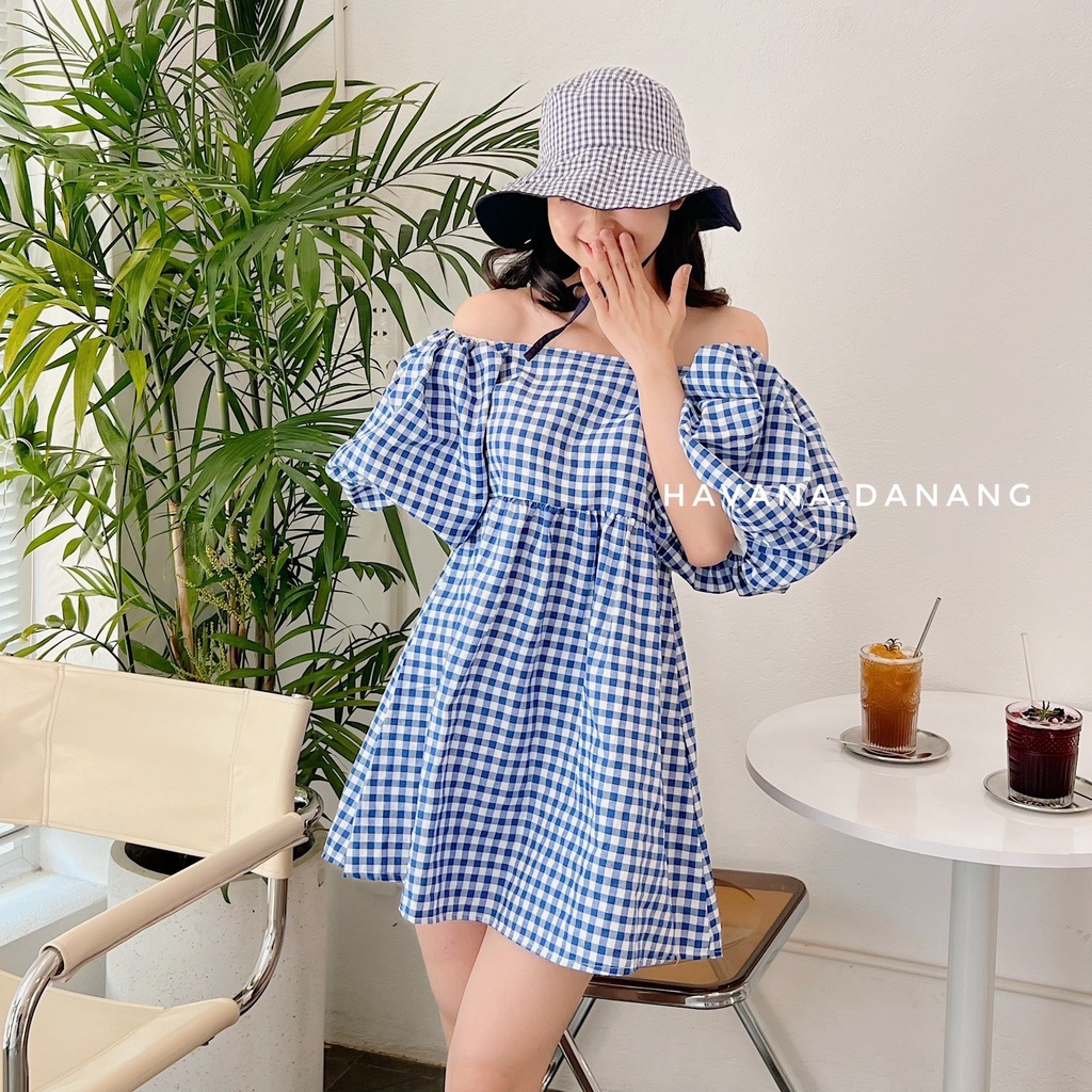 Váy babydoll caro trễ vai, babydoll tay phồng bo chun co giãn | BigBuy360 - bigbuy360.vn