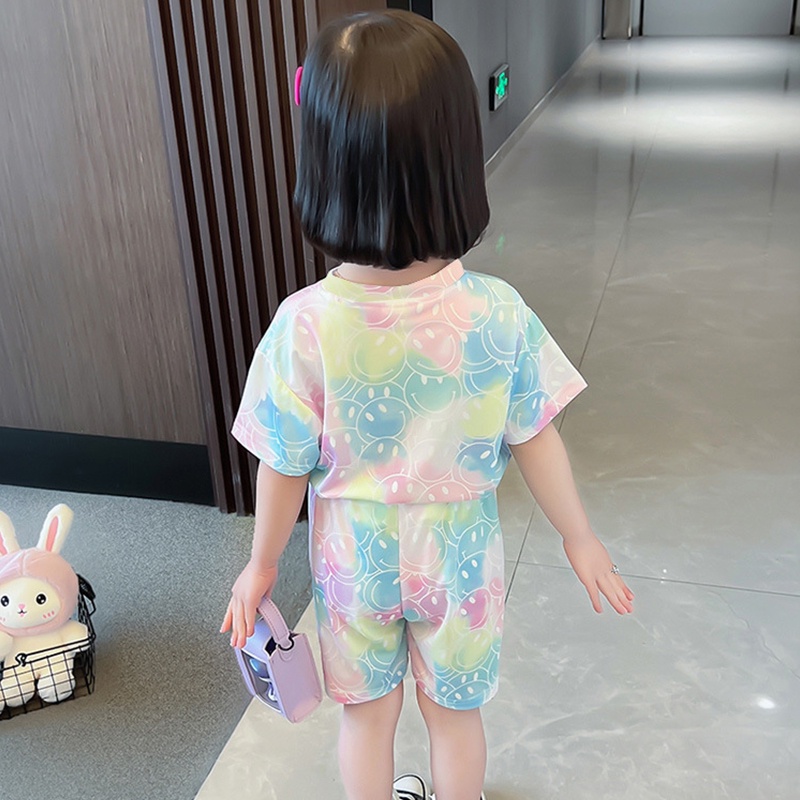 Bé Gái Hàn Quốc Thời Trang Mẫu In Khuôn Mặt Cười áo Thun Và Quần Short Thiết Lập 1-8 TuổI