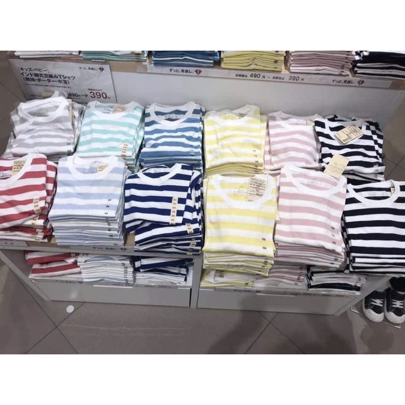Áo Cộc Tay Xuất Nhật Hãng Muji Mềm Mại Cotton Kẻ Ngang Áo Phông Cho Bé Trai Bé Gái Cho Bé 10-40kg