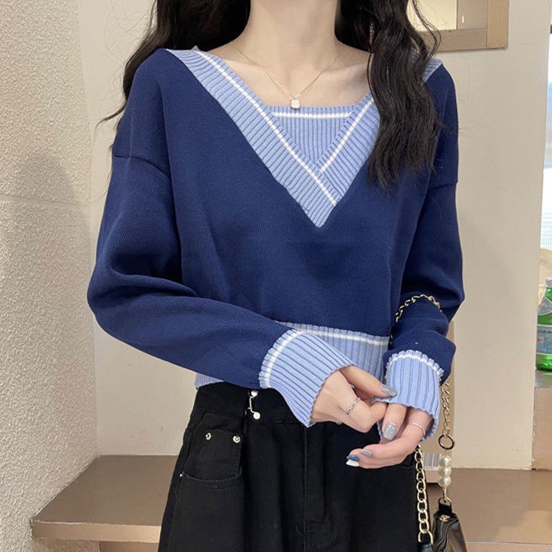 Áo len XINLANYASHE dài tay giả hai lớp đơn giản thời trang đa năng phong cách Pháp retro dành cho bạn nữ