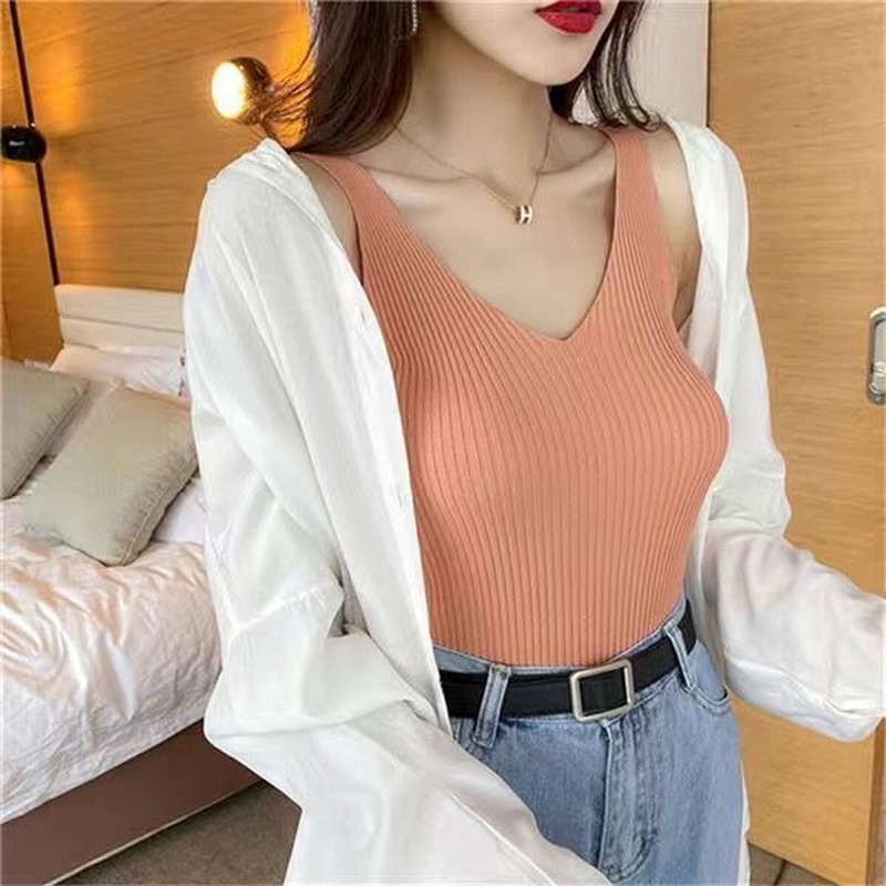 Áo Dệt Kim Sát Nách Cổ Chữ V Thời Trang Cho Nữ