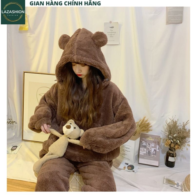 Bộ đồ mặc nhà lông gấu trơn 2 mầu nâu be ,bộ ngủ ấm áp vào mùa đông siêu cute dễ thương - LAZASHION