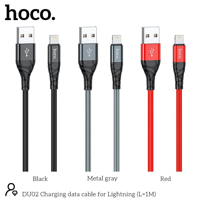 Cáp sạc Hoco DU02 USB to Lightning sạc nhanh 2.4A, dây bền dù chống đứt, dài 100cm