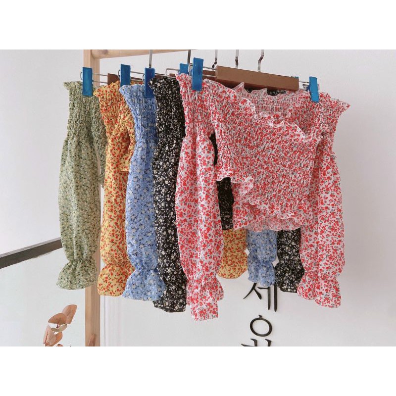 ÁO TRỄ VAI CROPTOP HOA NHÍ CHÉO SIÊU BÁNH BÈO G4-1 Laca Store, Áo trễ vai họa tiết hoa nhí