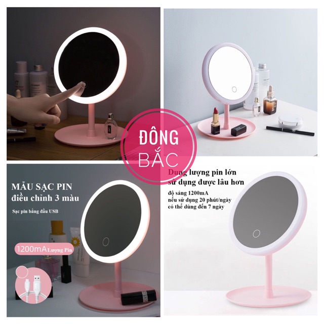 [Loại 1] GƯƠNG TRANG ĐIỂM ĐỂ BÀN CÓ ĐÈN LED CẢM ỨNG CAO CẤP SẠC USB - ÁNH SÁNG SIÊU LUNG LINH - Đông Bắc