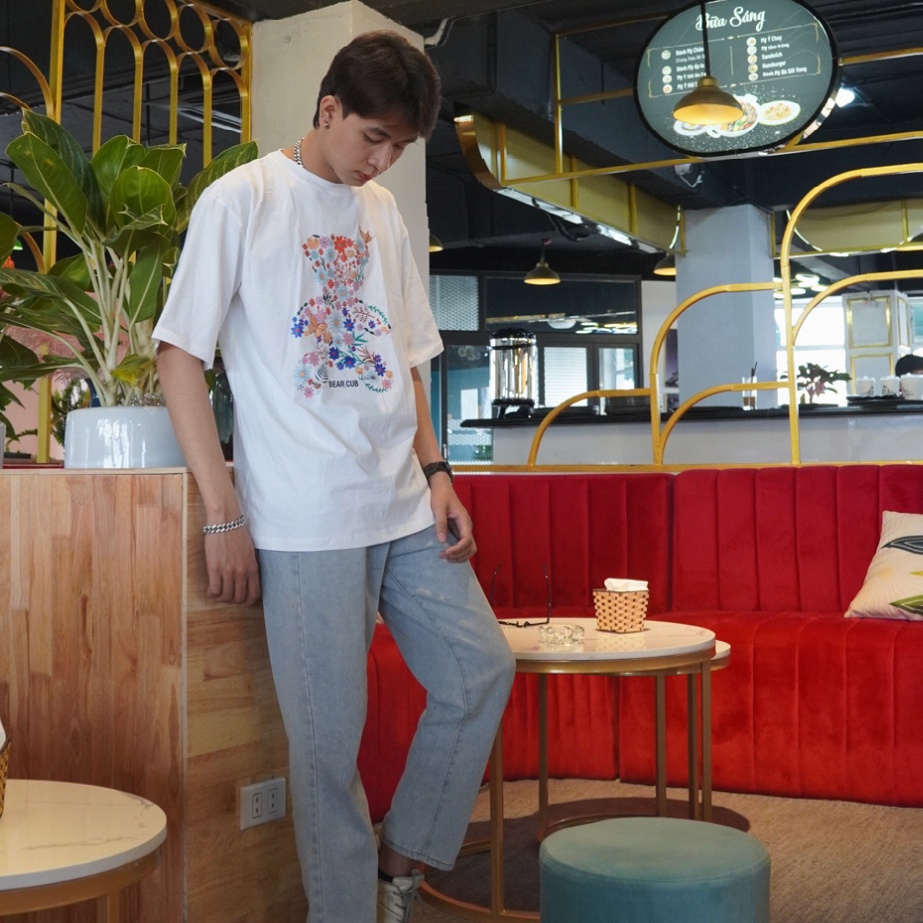 Áo thun tay lỡ AMIHOUSE gấu hoa unisex