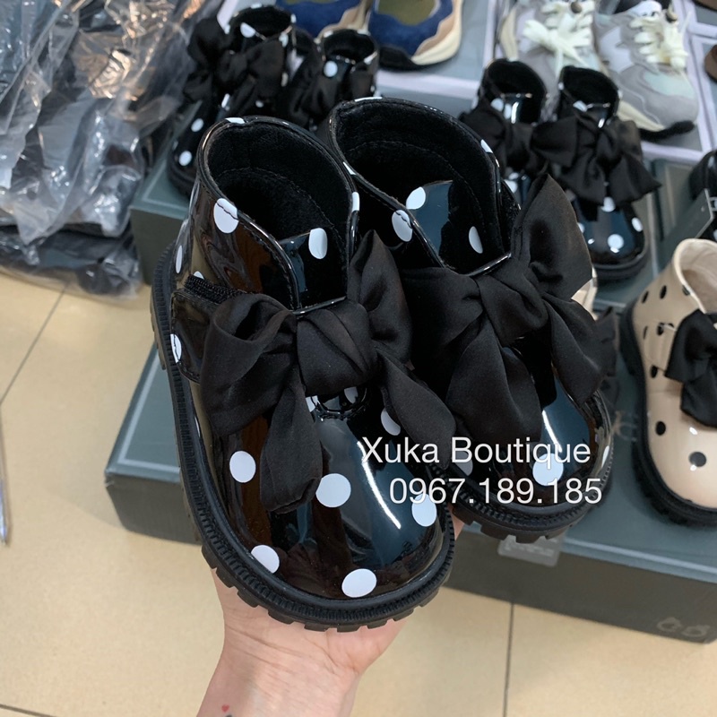 Giày Công Chúa Cao Cấp Bé Gái - Bốt Da Bóng Chấm Bi Có Nơ[Ảnh, Video thật]