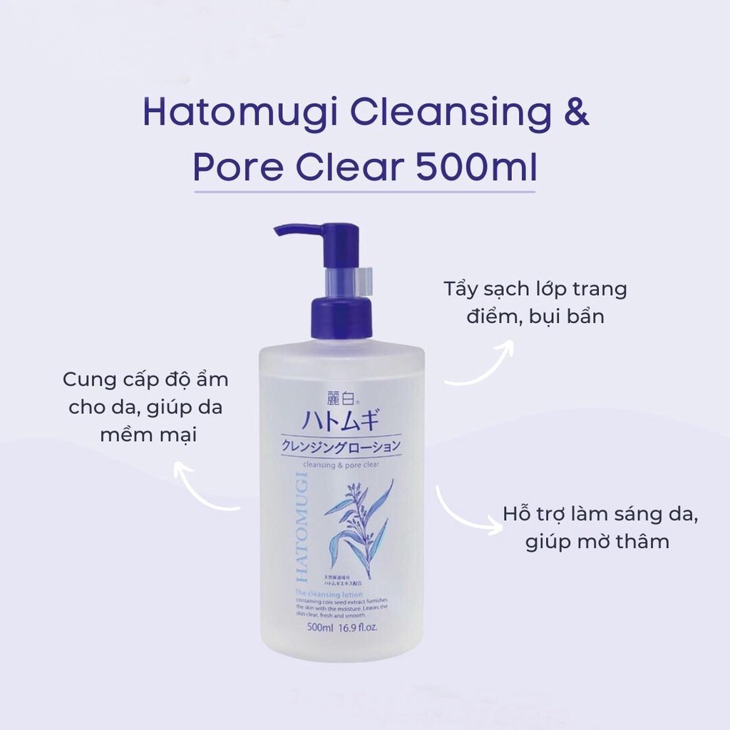 Nước tẩy trang Hatomugi 500ml ROXI Beauty nước tẩy trang không cồn làm sạch sâu &amp; dưỡng ẩm chính hãng Nhật Bản