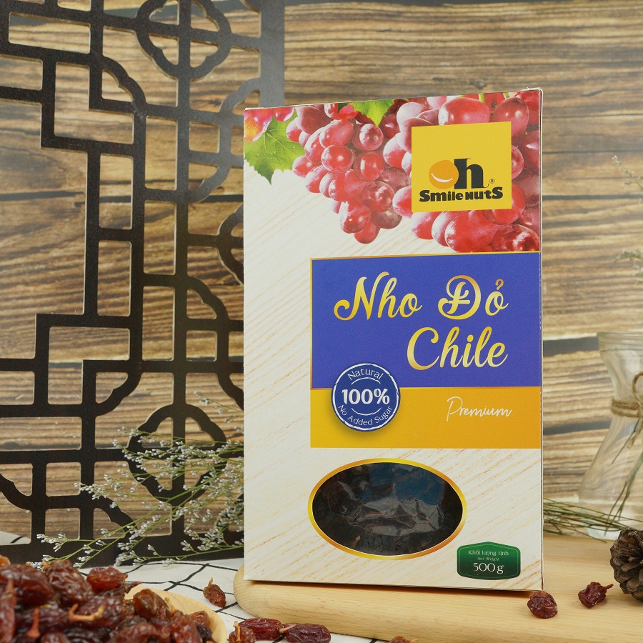 Nho Khô Đỏ Smile Nuts Hộp Giấy 500g _ Nhập khẩu trực tiếp từ Chile_Size Jumbo, vị ngọt tự nhiên