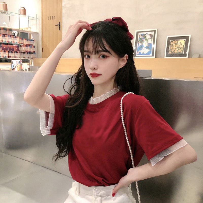 Áo Thun Ngắn Tay Phối Lưới Phong Cách Hàn Quốc Dành Cho Nữ