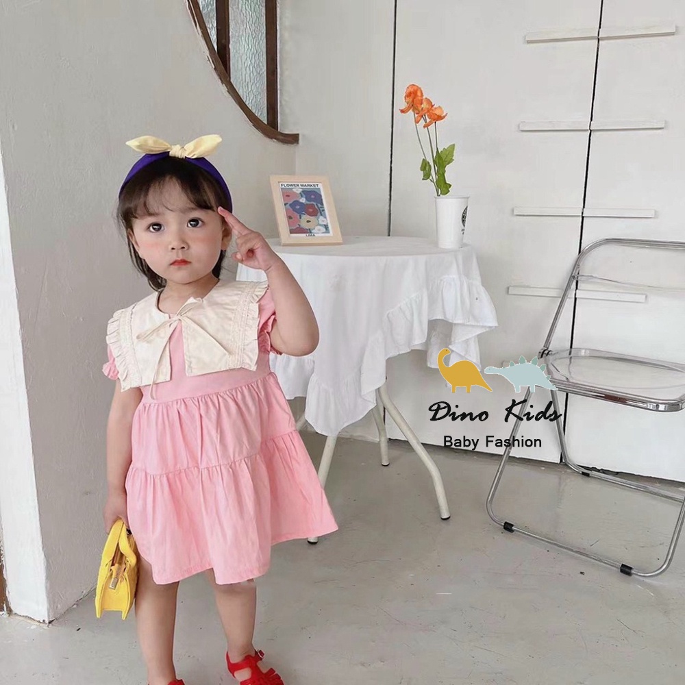 Váy xòe cổ bèo bé gái, váy babydoll 3 tầng cổ bèo trắng cột nơ cho bé gái