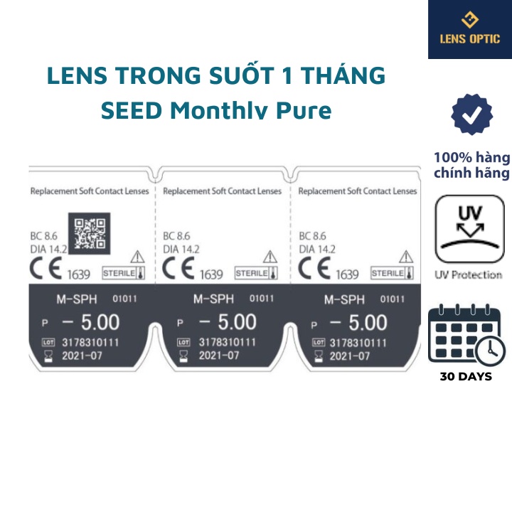 Kính áp tròng 1 tháng SEED Monthly Pure Moisture, lens trong suốt không màu có độ -0.50 đến -12.00