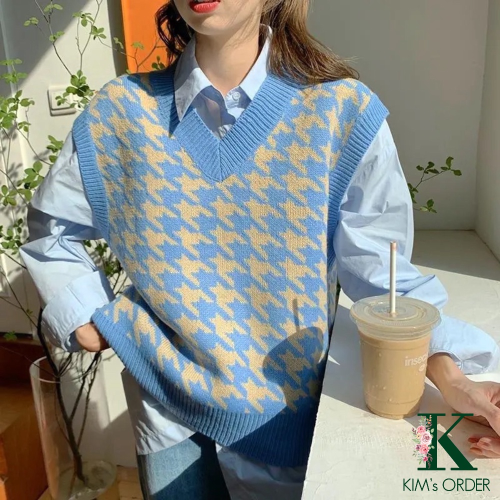 Áo Gile len nữ màu đen xanh hoạ tiết Ziczac cổ chữ V không tay sát nách phom rộng Ulzzang Hàn Quốc năng động cá tính