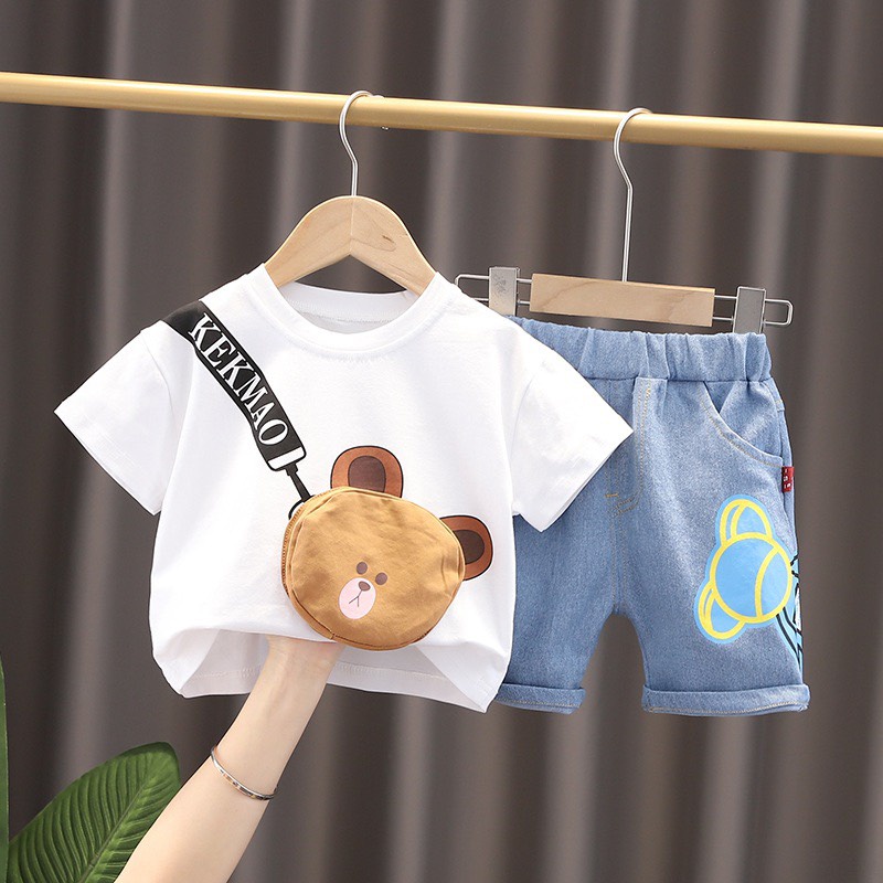 Bộ đồ bé trai 2 chi tiết áo thun hình gấu quần bò BN04 - BÉ NHÀ THỊ
