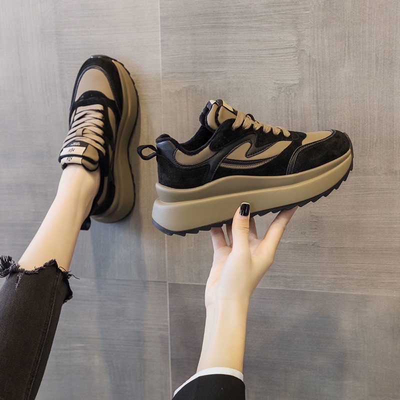 Giày thể thao nữ  màu đen nâu chất liệu da độn đế cao 5 cm sneaker ulzzang hàn quốc đi học đi chơi đi làm đẹp 2022