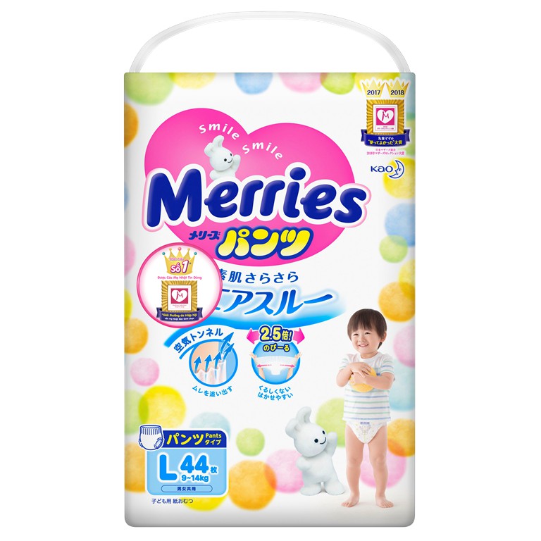 Tã quần Merries size L 44 miếng (9-14kg) nhập khẩu chính hãng