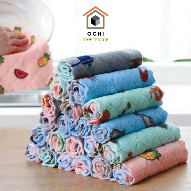 Khăn lau đa năng, khăn bông siêu thấm hút 2 mặt in hoạ tiết