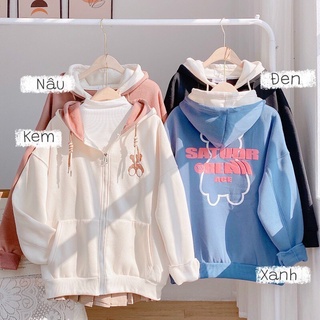 Áo Khoác Hoodie Nỉ Gấu Nón 2 Lớp Khóa Zip Form Rộng Basic Phong Cách Dễ Thương Cute Ulzzang Xù