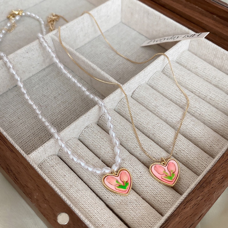 Vòng cổ Mặt Hoa Tulip Đính Ngọc Trai Màu Hồng