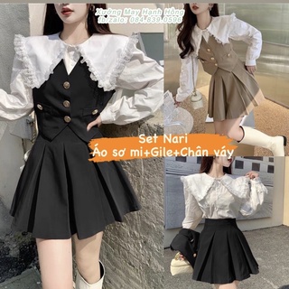 Set váy 3 chi tiết nữ, set áo sơ mi cổ ren phối gile và chân váy tennis nữ cực xinh