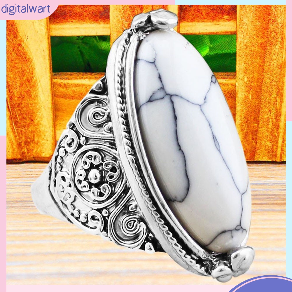 Nhẫn Mạ Bạc Chạm Khắc Đính Đá Ngọc Lam Hình Oval Phong Cách Boho Cổ Điển