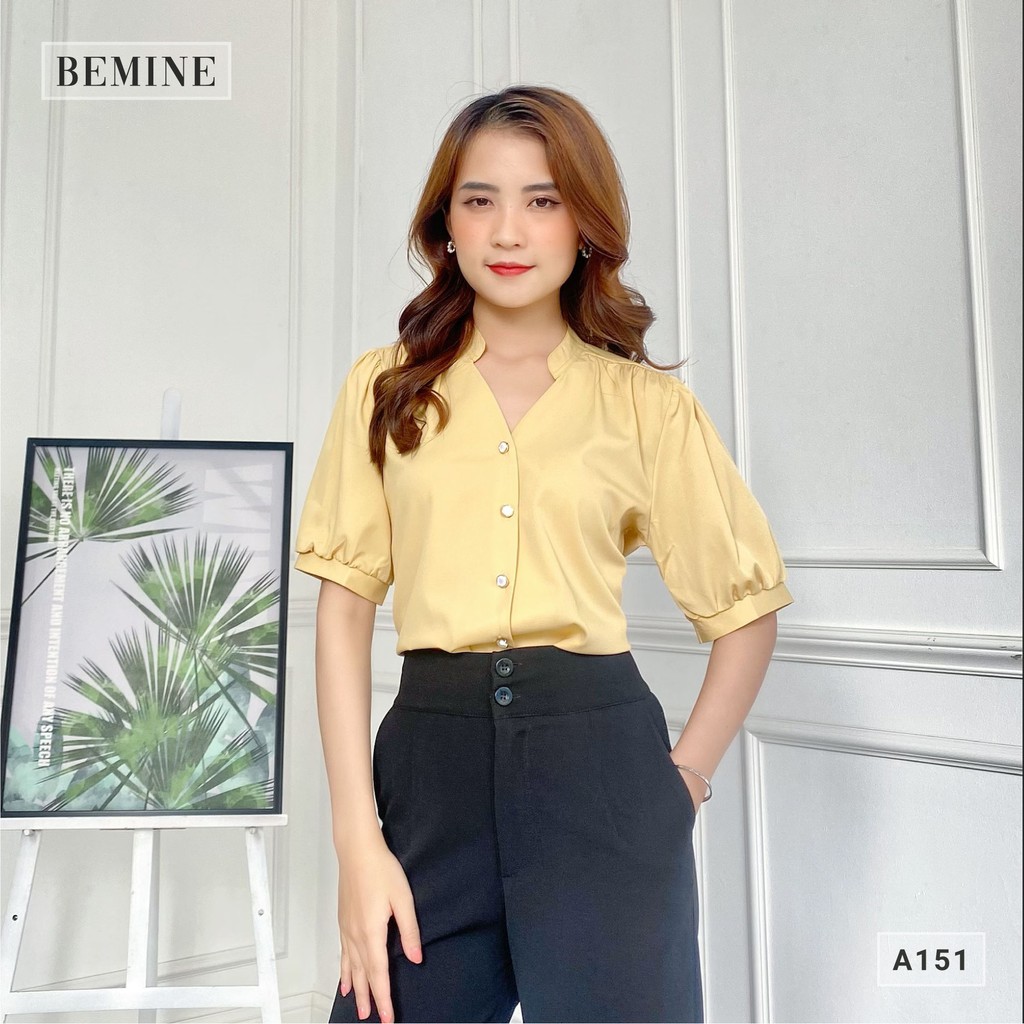 Áo sơ mi công sở kiểu dáng cổ trụ tay ngắn thanh lịch BEMINEA151VANG