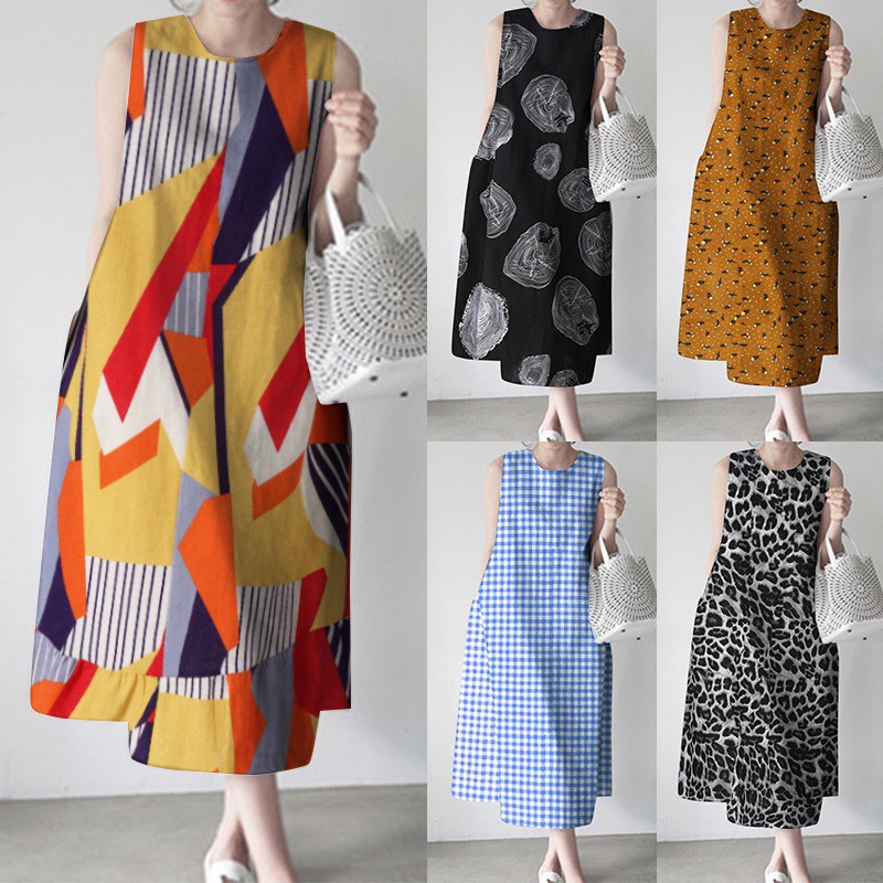 Đầm Midi Zanzea Không Tay In Hoạ Tiết Hình Học Phối Túi Hai Bên Thời Trang Cho Phụ Nữ