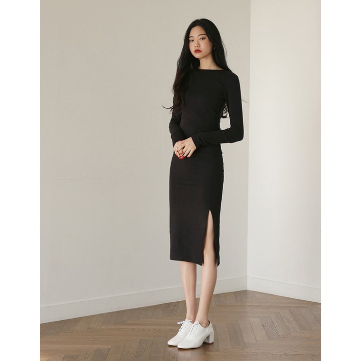 Váy đầm nữ dài tay len tăm body đen xẻ vạt cổ tròn Ylydress freesize phom ôm tôn dáng sexy dáng dài C660 | BigBuy360 - bigbuy360.vn