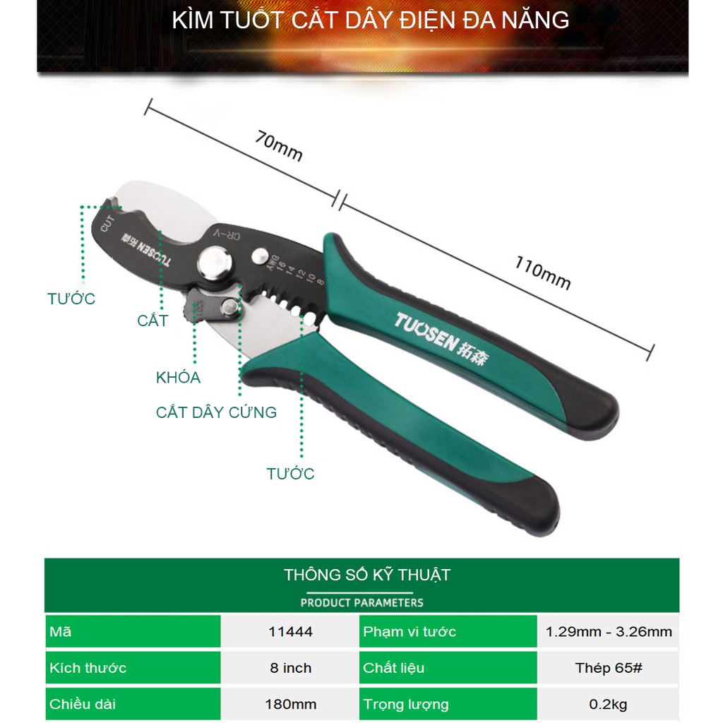 Kềm tuốt dây điện, kìm tước tước dây điện 8inch, kềm bấm cos đa năng 11444 TUOSEN / Tuo Sen