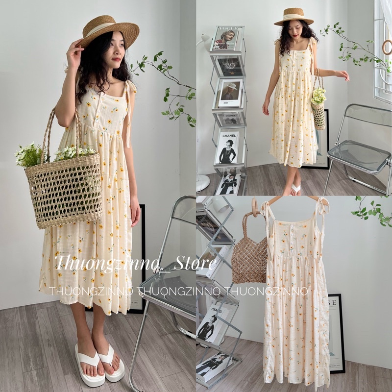 [Ảnh thật/Video]Váy hai dây hoa vàng yellow  hoạ tiết hoa lá Đầm hai dây lụa buộc vai  hoa vintage