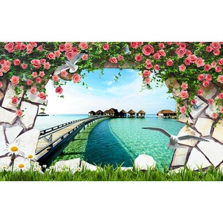 Tranh dán tường cửa sổ 3D biển và hoa hồng BINBIN CS05 (Có in theo yêu cầu)