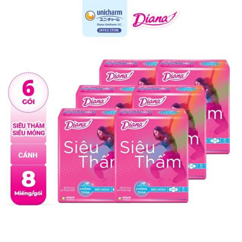 Bịch 6 Gói Băng Vệ Sinh Diana Siêu Thấm Có Cánh/ Không cánh