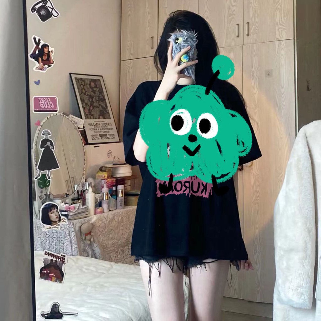2022 Summer New Cartoon Anime Kulomi Print Black Short-sleeved T-shirt Female College Wind Top Couple Wear Ins Tide