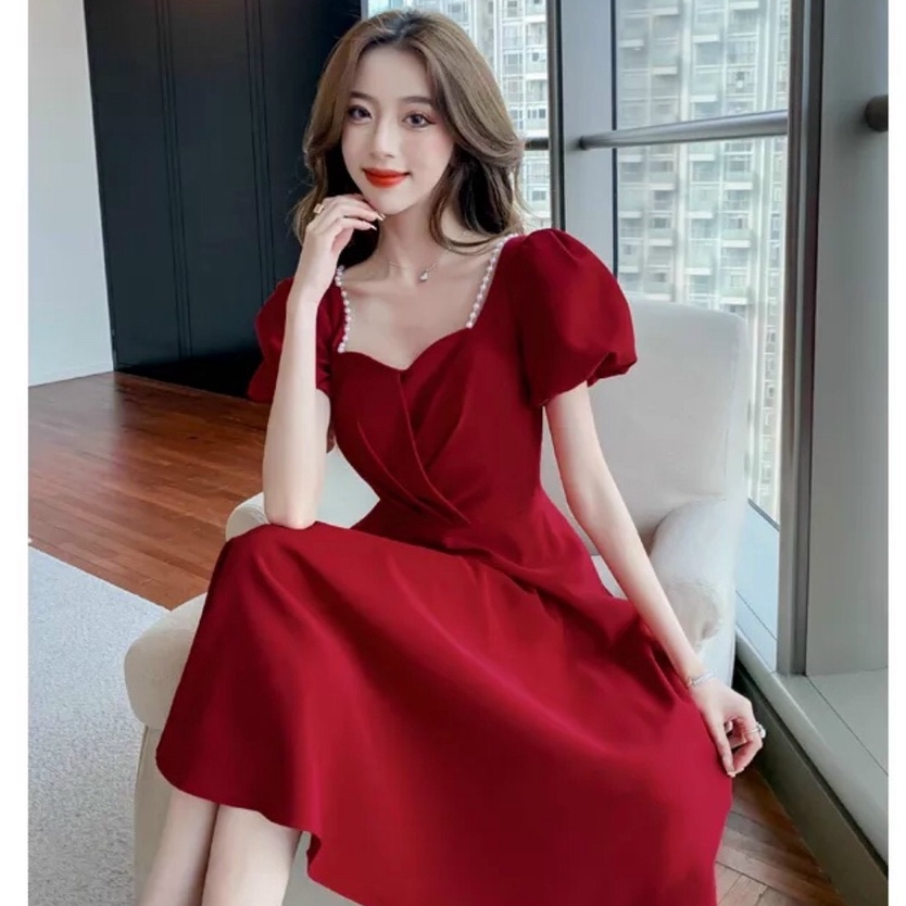 ĐẦM VÁY THỜI TRANG NỮ DẠ HỘI CỔ TIM XẾP LY TAY NGẮN CÓ ĐÍNH CƯỜM