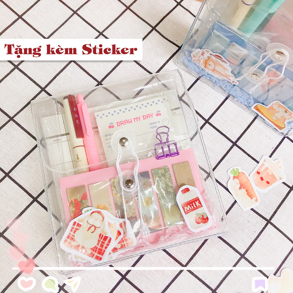 Bộ quà tặng túi Hàn Quốc thời khoá biểu, note, bút calligraphy, kẹp giấy kèm sticker Note for self Luv119