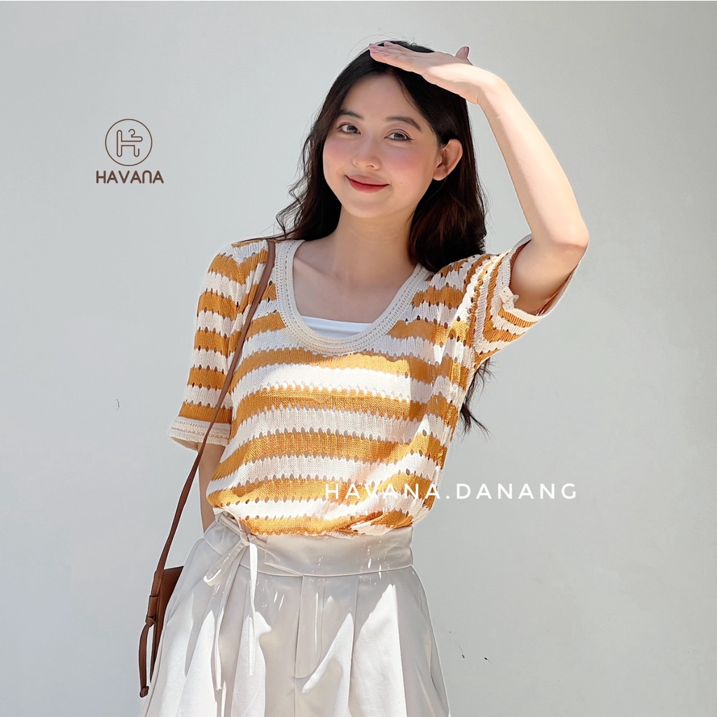 Áo len ngắn tay cổ tròn sọc ngang, áo lỗ cộc tay phong cách AE211