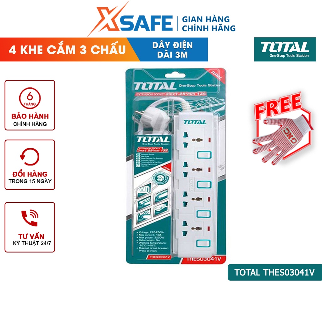 Ổ Cắm Điện Đa Năng TOTAL THES03041V 4 ổ cắm công tắc riêng 13A tải 3250W Dây đồng 3m chống cháy, quá tải, chống giật