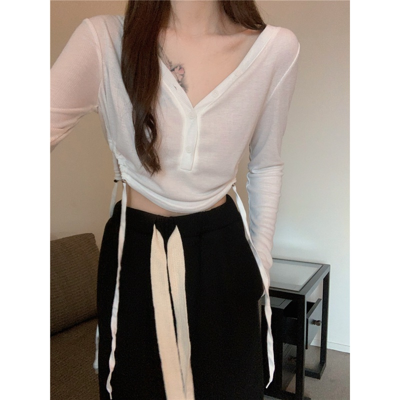 Quần dài dáng rộng ống thẳng xẻ tà phối dây rút thoải mái