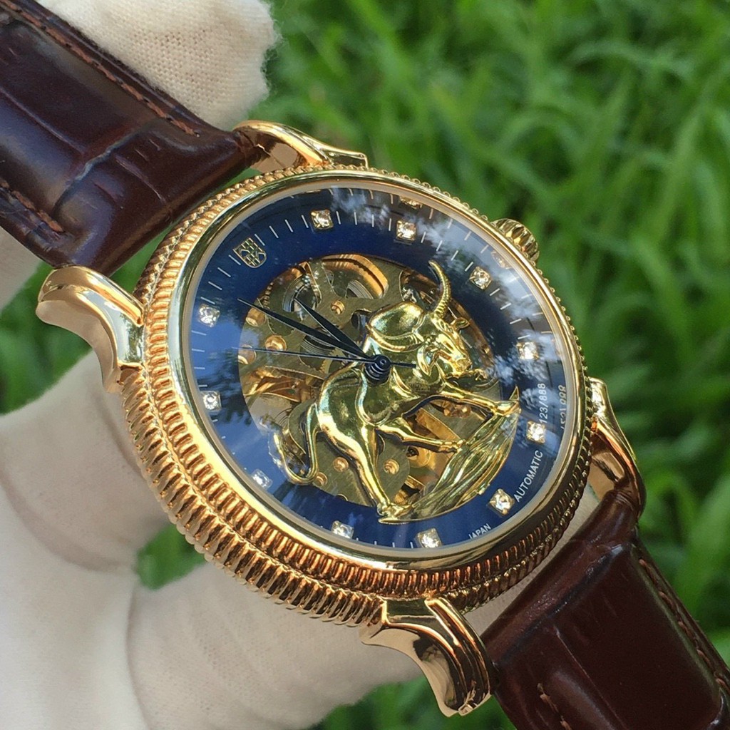 ⚡Ảnh Thật⚡Đồng Hồ Cơ Nam Automatic Dây Da Cao Cấp, Lộ Máy, Mặt Hình Trâu Vàng Thể Hiện Sự Sang Trọng Phú Quý
