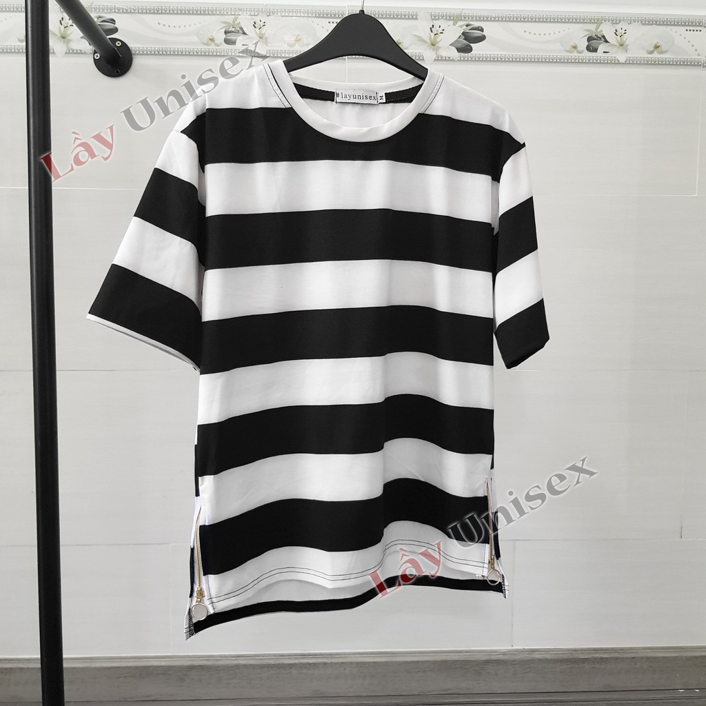 Áo thun unisex tay lỡ Sọc ngang vạt Sole phối Zip | BigBuy360 - bigbuy360.vn