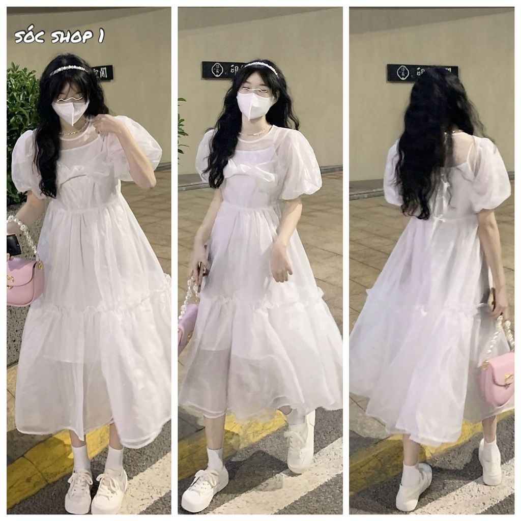 Váy Trắng 2 Lớp Nơ Ngực To Màu Trắng Ulzzang Hàn Quốc | Shopee Việt Nam