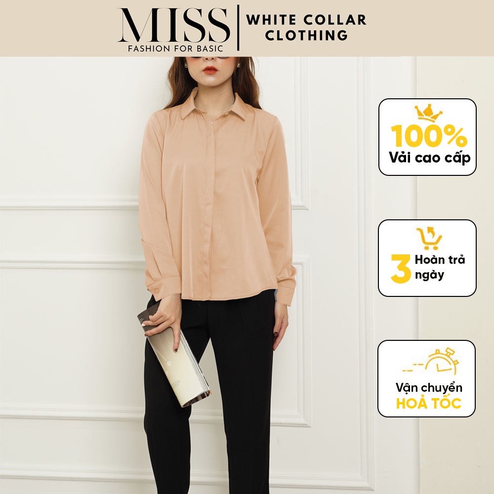 Áo sơ mi nữ lụa dài tay, áo công sở form rộng kiểu Hàn Quốc cao cấp màu Trắng Đen Xanh Be MISS CLOTHINGS SM-01