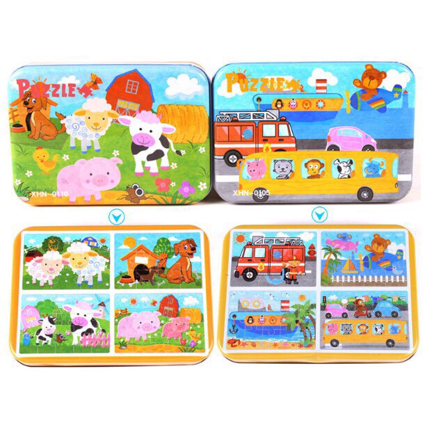 Đồ Chơi Hộp Ghép Hình Puzzle 4 Cấp Độ - Hộp Sắt 9-12-15-20 Miếng Cho Bé.